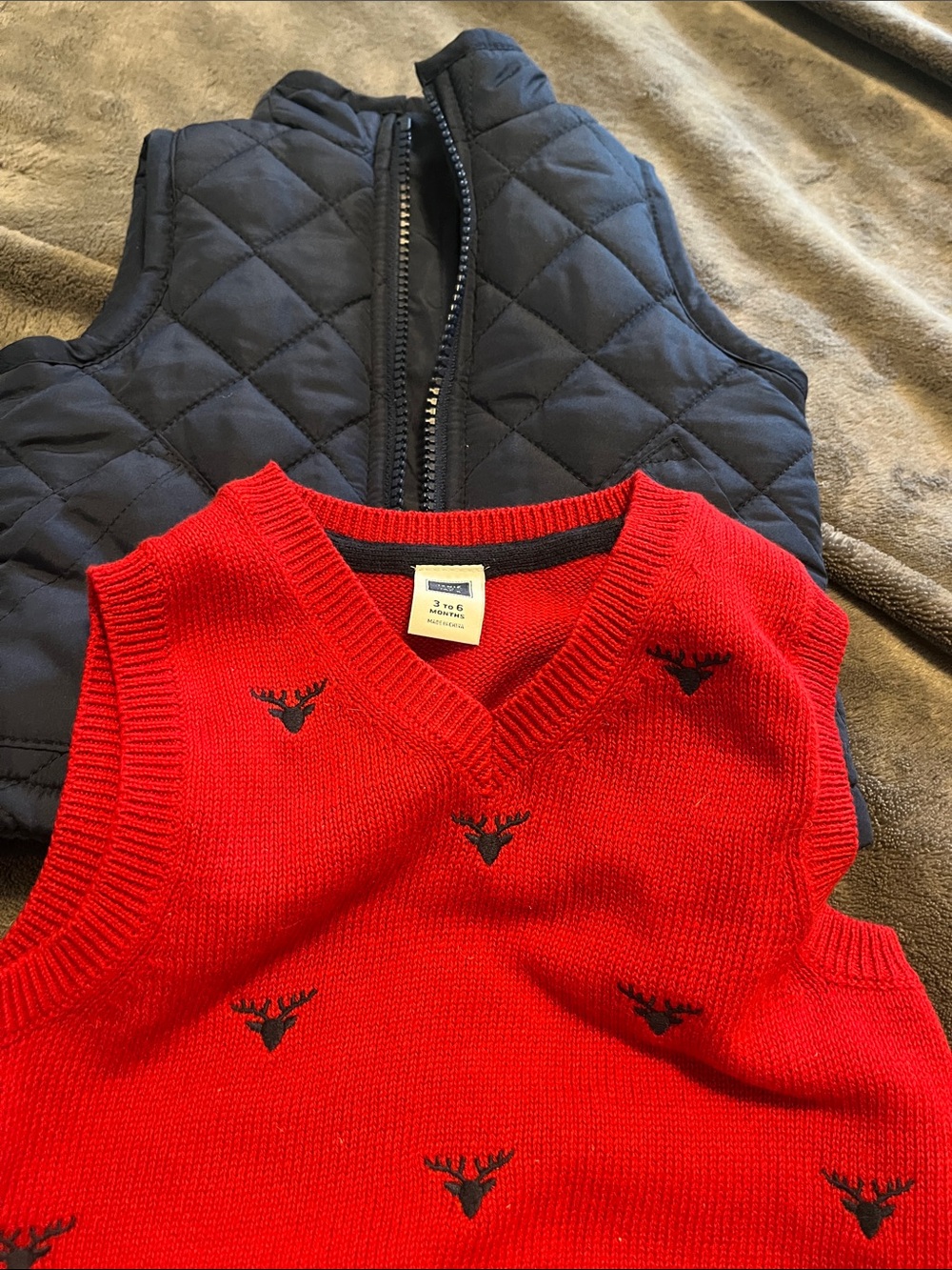Janie and Jack Red Sweater Vest with Navy Quilted Vest Layer 0-6 months